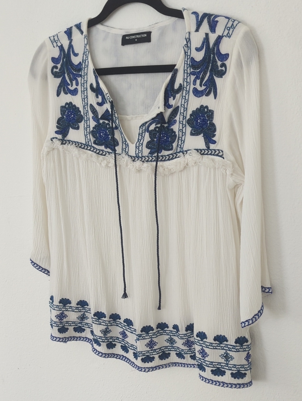 Women's Ivory Peasant Top with Blue Embroidery